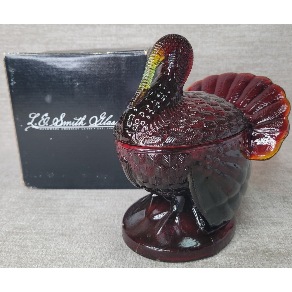 LE Smith Amberina Glass Turkey on Nest Thanksgiving Decor VTG Lidded Jar w Box